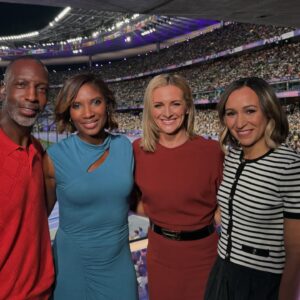 Gabby Logan Instagram - Paris continuing to deliver the drama. The purple track delivering a purple patch of USA golds at this Olympic Games. The team of dreams in the studio, loving the visitors dropping by to say hi. And a little trip to @barrysfrance with the girls 💪🏼all in a days work. 
@paris_olympics_2024 @melissabourne @alidoesmakeup @charlottehandleygreen