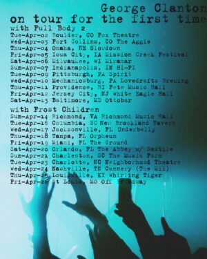 George Clanton Instagram - Announcing the first ever George Clanton tour all April long. Playing within 30 minutes of every city in entire United States.
I am absolutely thrilled to bring along 2 of my favorite bands @fullbody_2 and @thefrostchildren for this learning experience. 
Tickets go on sale Friday but because you are a George Clanton Instagram Patron, you can unlock tickets with the code “FUML” right now, and all the tickets are in my Bio right now!

Photo by @m4nda.jpeg 

With Full Body 2
Tue-Apr-02 Boulder, CO Fox Theatre
Wed-Apr-03 Fort Collins, CO The Aggie
Thu-Apr-04 Omaha, NE Slowdown
*Fri-Apr-05 Iowa City, IA Mission Creek Festival 
*This is a festival, no Full Body 2 :(
Sat-Apr-06 Milwaukee, WI Miramar
Sun-Apr-07 Indianapolis, IN HI-FI
Tue-Apr-09 Pittsburgh, PA Spirit
Wed-Apr-10 Mechanicsburg, PA Lovedraft’s Brewing Co.
Thu-Apr-11 Providence, RI Fete Music Hall
Fri-Apr-12 Jersey City, NJ White Eagle Hall
Sat-Apr-13 Baltimore, MD Ottobar

With Frost Children
Sun-Apr-14 Richmond, VA Richmond Music Hall
Tue-Apr-16	Columbia, SC	New Brookland Tavern
Wed-Apr-17	Jacksonville, FL	Underbelly
Thu-Apr-18 Tampa, FL Orpheum
Fri-Apr-19 Miami, FL The Ground
Sat-Apr-20 Orlando, FL The Abbey w/ Sextile
Sun-Apr-21 Charleston, SC The Music Farm
Tue-Apr-23 Charlotte, NC Neighborhood Theatre
Wed-Apr-24 Nashville, TN Cannery (The Mil)
Thu-Apr-25 Louisville, KY Whirling Tiger
Fri-Apr-26 St Louis, MO Off Broadway