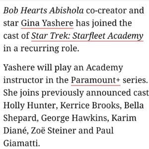 Gina Yashere Instagram - BOOM!!!!!!
BEAM ME UP B*TCHES!! 🤣
I'm beyond excited to join the ICONIC @startrekonpplus family.
I CANNOT WAIT for you to see what I look like 😝
From watching Captain Kirk & Dr. Spock & Uhura as a kid, to now being on the Starship Enterprise & acting opposite the great #hollyhunter
 & #paulgiamatti ???
Kick me in the vagina, so I know this is real! 🤣
LETS 'AVE IT!!!! #starfleetacademy #startrek @cbstvstudios
What I say? ONWARDS & UPWARDS 

LETS GO TEAM!
@jodilieberman
@conan8686
@buchwaldtalent @marciecleary 

#ginabackinhollywood #comedian #showrunner #writer #actor
