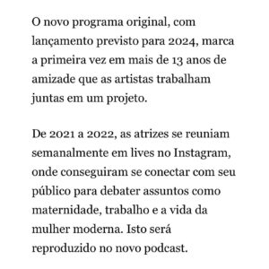 Giselle Itié Instagram - “ A Wondery, estúdio de podcasts da Amazon, está trabalhando em um novo programa que será apresentado pelas atrizes e apresentadoras Carolinie Figueiredo (“Malhação”; “Pedaço de mim”), Giselle Itié (“Bela, a feia”; “Os mercenários”) e Samara Felippo (“Sete pecados”; “Chocolate com pimenta”).
O novo programa original, com lançamento previsto para 2024, marca a primeira vez em mais de 13 anos de amizade que as artistas trabalham juntas em um projeto.
De 2021 a 2022, as atrizes se reuniam semanalmente em lives no Instagram, onde conseguiram se conectar com seu público para debater assuntos como maternidade, trabalho e a vida da mulher moderna. Isto será reproduzido no novo podcast. “ E aí EXAUSTAS?! Preparadas?! ❤️‍🔥 📸 @renamchristofoletti