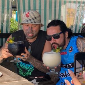 Gordon Toi Hatfield Instagram - Sunset dinners and drinks with the fams and a game of spin the coconut/ truth or dare! #houseofnativesontour #rarotonga