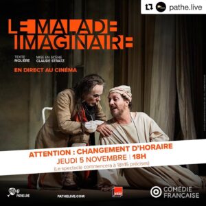 Guillaume Gallienne Instagram - #Repost @pathe.live with @get_repost
・・・
[THÉÂTRE EN DIRECT AU CINÉMA] 🎭 😷😷😷😷😷😷😷😷😷😷😷😷ATTENTION : changement d’horaire pour LE MALADE IMAGINAIRE !
🎬Parce qu’il est important de poursuivre les activités culturelles, nous avons décidé de maintenir la diffusion en direct au cinéma le jeudi 5 novembre du MALADE IMAGINAIRE de la @comedie.francaise.officiel 
⚠️Nous sommes toutefois contraints d’avancer le début de la retransmission à 18h00 partout en France. Le spectacle débutera à 18h15 précises ! #onsadapte
Les cinémas mettent l’horaire à jour au fur et à mesure. Merci pour votre compréhension et hâte de vous accueillir dans les cinémas partenaires pour cet événement théâtral immanquable.
> Pour les cinémas Pathé Gaumont : vos billets restent valables pour le nouvel horaire
> Pour les autres cinémas partenaires, merci de bien vouloir vous rapprocher d’eux.

 

#lemaladeimaginaire #lemaladeimaginaireaucinema #comediefrançaise #moliere #molière #comedie #theatre #théâtre #spectacle #lemaladeimaginaire #cinema #spectacles #spectacleaudiovisuel #spectaclevivant #claudestratz #guillaumegallienne