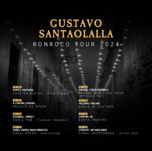 Gustavo Santaolalla Instagram - I'm so happy to announce that RONROCO is celebrating its 25th. Anniversary with a world tour beginning next month!

Check out tour dates and countries, we are really excited to meet you soon 🙌🏻

→ 26/9 Porto, PORTUGAL
CASA DA MUSICA - Sala Suggia @casadamusicaporto

→ 29/9 A Coruña, ESPAÑA
PALACIO DA ÓPERA @palacioopera

→ 01/10 Istanbul, TURKEY
ZORLU PSM - Turkcell Sahnesi @bubilet 

→ 05/10 Dubai, UNITED ARAB EMIRATES 
DUBAI OPERA - Auditorium @dubaiopera 

→ 07/10 Prague, CZECH REPUBLIC 
PRAGUE MUNICIPAL HOUSE - Smetana Hall @mladiladijazz

→ 10/10 Helsinki, FINLAND
HOUSE OF CULTURE @livenationfi

→ 13/10 Londres, UK
EARTH THEATRE @earthackney 

→ 15/10 Utrecht, NETHERLANDS 
TIVOLI VREDENBURG - Grote Zaal @tivolivredenburg

Tickets on sale 🔗 links in my linktree (bio)
See you soon!

#RonrocoTour #Ronroco #RonrocoTour2024 #GustavoSantaolalla #TheLastOfUs #TLOU #DiariosDeMotocicleta 
#TheMotorcycleDiaries 
#Babel 
#SecretoEnLaMontaña #BrokebackMountain #Camino #London #Porto #Dubai #ACoruña #Instanbul #Prague #Helsinki #Utrecht 
Banda: @labarbaritapalacios @javicasalla @juanxluqui & @nico.rainone 
Mgmt: @ese_chape 
🙌☀️🇦🇷✨