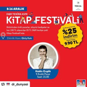 Hakkı Ergök Instagram - #Repost @dr_dunyasi with @make_repost
・・・
Birbirinden ünlü yazarların imza günleri ve kaçırılmayacak indirimler 8 – 16 Aralık tarihlerinde Tekirdağ D&R Tekira AVM Kitap Festivali’nde! #dr_dunyasi #kitapfestivali