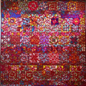 Harvey Fierstein Instagram - What an experiment! First I sewed a ton of leftover patches made by Bobbi Penniman, Sarah Bond and Liza Prior Lucy to form the quilt top. Fun but... So I decided to quilt over the entire surface in thick RED chenille yarn. I used a programmed design to give it a manufactured look. Not sure what I think of the result but it's definitely more exciting seeing it in the room rather a small photo. At 105" x 105" it's delightful to the touch.