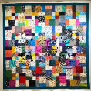 Harvey Fierstein Instagram - BoBo got his own quilt! 
It was a challenge but fun. 
I did a drawing of BoBo, digitized it, used it to quilt the entire thing and then sewed 5 larger versions out of chenille.
Hard to see all of the detail in a small photo when the quilt is 101" X 101" but you can get the idea.
Me and my Gammill are getting to know one another for sure.