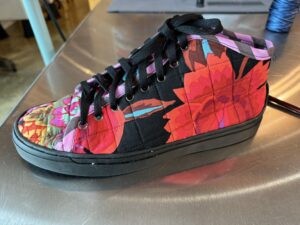 Harvey Fierstein Instagram - I took a quilted sneaker making class at COTTON CANDY FABRICS and.... I can't believe it but... Here's the left one done. And it's freakin' comfortable! Of course I used Kaffe Fassett fabrics. Better get busy and finish the right shoe