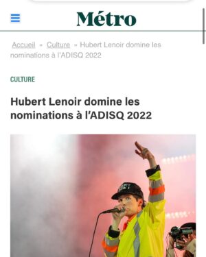 Hubert Lenoir Instagram - Je viens de revenir au Québec pis j’apprends que j’ai 11 nominations à l’ADISQ