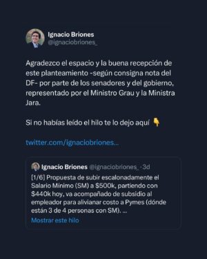 Ignacio Briones Instagram - ¿Recuerdan hilo que publiqué hace unos días sobre problema de diseño en subsidio a Pymes por el alza del salario mínimo? 

Hoy presenté en la Comisión del Senado e hice una propuesta de cómo corregirlo. Creo que hubo buena acogida.

Agradezco el espacio y la buena recepción de este planteamiento -según consigna nota del DF- por parte de los senadores y del gobierno, representado por el Ministro Grau y la Ministra Jara.

Si no leíste el hilo te invito a hacerlo en la publicación anterior a esta.