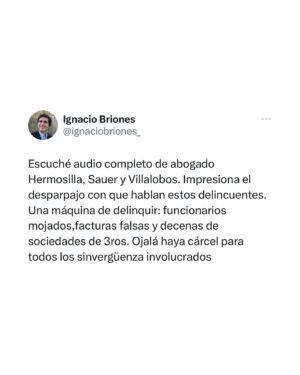 Ignacio Briones Instagram - Escuché el audio completo del abogado Hermosilla, Sauer y Villalobos. Impresiona el desparpajo con que hablan estos delincuentes. Una máquina de delinquir: funcionarios mojados, facturas falsas y decenas de sociedades de 3ros. Ojalá haya cárcel para todos los sinvergüenza involucrados.

Algunos contenidos de audio:
- Nueva caja para coimas por $100 mill. 
- Últimos 3 años: coimas x $100 mill. a funcionarios SII (“la plata sale a chorros para allá “)
- Le deben a funcionario CMF
- Coimas de ahora eran baratas porque “yo conozco los precios de mercado”. 

¡Los Soprano!