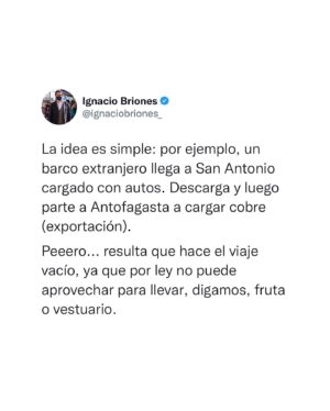 Ignacio Briones Instagram - El reciente paro de camioneros nos ha vuelto a hacer conversar sobre medios alternativos para el transporte de carga en Chile. Uno fundamental, aunque desconocido para muchos, es el cabotaje marítimo. Ya he tuiteado sobre este, pero hoy -a pedido de varios- haremos doble click...