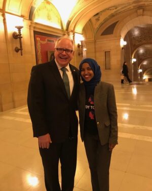 Ilhan Omar Instagram - Congratulations to our next Vice President @timwalz 🥳

Our North Star state Governor has signed universal school meals, paid family and sick leave, marijuana legalization, and protections for reproductive rights into law. 

Bringing Minnesota nice to the ticket 💪🏽