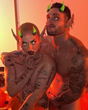 Ilona Verley Instagram - “How My Demons Look?”
😈😈😈😈
Happy Hallow-eekend from @hulk_broghen & I!
Inspired by @dojacat ‘s demon vibes as of lately!
😈😈😈😈
Had the most INSANE week setting up this pumpkin patch in the studio (literally the biggest thank you to @jazminekhan for securing all the pumpkins with me & to @bbjoduree for cleaning it all up for me when I couldn’t myself 🤧 a for real sister 🙏🏼) 
Never thought rolling around in pumpkin guts and baby oil was gonna be a bucket list moment but damn… CHECK ! 
😈😈😈😈
Horns & ears from @studiofxvan
Colored by me (inspo Jo!)
Bless Broghen for having all the piercings we used already on hand!
Lighting set up by me
Shot by @bbjoduree
Eye makeup inspired by the ICON @dollya.black
(The literal queen of eye illusions !!!)
Edited by Broghen!
😈😈😈😈
Green UV pigment is @litcosmetics Reboot
Orange shadow is @colourpopcosmetics Fade Into Hue palette 
Yellow UV liner is @suvabeauty Hydra Liner UV Taffies palette 
Brows @anastasiabeverlyhills Dip Brow in Ebony
& @aboutfacebeauty Fractal Glitter Brow in Gold Dusk Woman 
Black Lipstick is About Face Night Sight
😈😈😈😈
#demons #pumpkinpatch #pumpkin#halloween2023 #halloweenmakeup
#demonmakeup #instagay #drag #opticalillusionmakeup #horns #dojacat #spookymakeup #scarymakeup #canadasdragrace