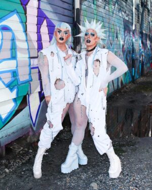 Ilona Verley Instagram - “You Win Some, You Lose Some… This could get gruesome”
💀💀💀💀
Throwback Thursday to this fun shoot @coco_klein & I did last year when virtual drag was all the rage… We filmed a sick lipsync to Cry by Ashnikko & Grimes that y’all can still watch on my IGTV / videos section on my profile!
💀💀💀💀
Outfits made by Coco & I
Photo by @poutine_queen 
Hair is @ardawigscanada styled by us
Boots @dollskill 
💀💀💀💀
#dragrace #throwbackthursday #dragqueens #bluehair #gothmakup #egirlmakeup #spikeyhair