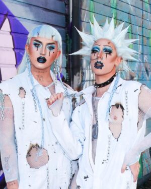 Ilona Verley Instagram - “You Win Some, You Lose Some… This could get gruesome”
💀💀💀💀
Throwback Thursday to this fun shoot @coco_klein & I did last year when virtual drag was all the rage… We filmed a sick lipsync to Cry by Ashnikko & Grimes that y’all can still watch on my IGTV / videos section on my profile!
💀💀💀💀
Outfits made by Coco & I
Photo by @poutine_queen 
Hair is @ardawigscanada styled by us
Boots @dollskill 
💀💀💀💀
#dragrace #throwbackthursday #dragqueens #bluehair #gothmakup #egirlmakeup #spikeyhair