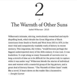 Isabel Wilkerson Instagram - Absolutely gobsmacked and over the moon!  What a tribute to the people of the Great Migration and to this watershed epic in our country’s history, at a time when we need history more than ever.

My heart is bursting with gratitude to everyone who nominated The Warmth of Other Suns to The New York Times’ list of the Best Books of the 21st Century (thus far) and who positioned it near the very top, at No. 2.

It’s been electrifying to see literature take center stage in our culture this week with the daily unfurling of the list. 

This honor, to me, speaks to the beauty and power of narrative nonfiction. It’s a genre that plunges you into the lives of real people you otherwise would not know and is the closest you may ever come to “being” another person.  It takes years and years of research and immersion to create a book like Warmth, to amass and distill mountains of fact and lived experience into literature that will keep you turning the page.

I so appreciate critic Dwight Garner’s generous description: “Wilkerson’s intimate, stirring, meticulously researched and myth-dispelling book, which details the Great Migration of Black Americans from South to North and West from 1915 to 1970, is the most vital and compulsively readable work of history in recent memory….”

At times like this, I think back with immense love and admiration for Ida Mae Brandon Gladney, George Swanson Starling and Dr. Robert Pershing Foster, who entrusted me with their lives and recollections not knowing the outcome. I so wish they could have lived to see this day and to know that their trials and triumphs have captivated so many for so long. 

Deepest gratitude to everyone.

#bestbooks