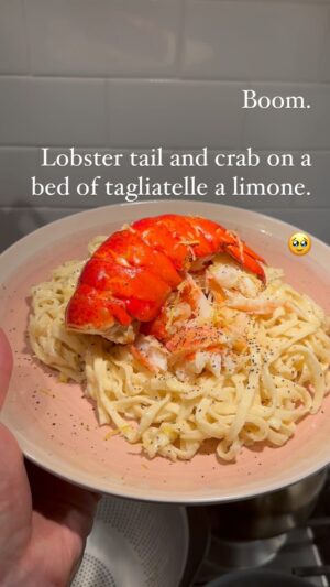 Jack Reynor Instagram - Lobster tail with snow and king crab on tagliatelle a limone. Yum.