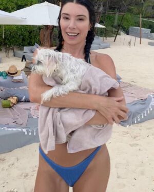 Jaime Murray Instagram - Last days of summer with @golokatv & 
Poor little Lulu! 🐶☔️ my favorite soggy quarantine buddies 💖✨💋 Swimming in the rain with my girls 🌧 this smelly wet dog is my sunshine on a rainy day 🥰💋💋