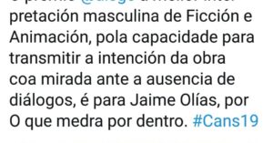 Jaime Olías Instagram - Ayer me dieron un premio a mejor actor por el cortometraje "O que medra por dentro". Muchas gracias a mi amigo @nacho.ozores por dirigirme como nadie y gracias al festival gallego @festivaldecans y @somos_aisge por el reconocimiento 🤘🤘🤘🤘🤘🤘🤘🤙🤙🤙💪💪😘😘😘 #actor #film #domingo #corto