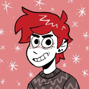 Jamie Hensley-Davies Instagram - it’s winter and my hair is red and i watched Scott pilgrim again recently and remembered how much Brian Lee O’Malley has influenced my creations over the years and then i ended up drawing this silly pfp and it became tainted with the memory of the Scott pilgrim style. 
*inhale*
>:D