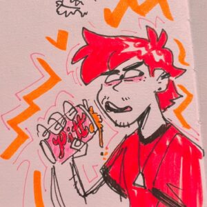 Jamie Hensley-Davies Instagram - the gravity falls rewatch binge continues!! Hahaha
I reckon Pitt cola would taste pretty bangin’… even if i do look sus in this doodle :P

(Pitt cola is a fictional peach favoured soda. everyone drinks it in Gravity Falls)

#gravityfalls #pittcola #jamievsthevoid #sketch #doodle #inktober