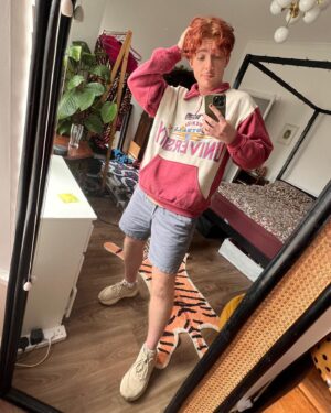 Jamie Hensley-Davies Instagram - some summer ‘fits :}
i guess core vibe is chaotic playful masc :P

(Jamie’s top tips: make running more fun by wearing a bandana and sunnies, and pretending you’re in an 80s movie training montage >:D)

#ootd #transmasc #transguy #transjoy
