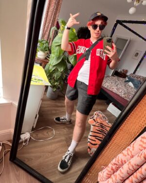 Jamie Hensley-Davies Instagram - some summer ‘fits :}
i guess core vibe is chaotic playful masc :P

(Jamie’s top tips: make running more fun by wearing a bandana and sunnies, and pretending you’re in an 80s movie training montage >:D)

#ootd #transmasc #transguy #transjoy