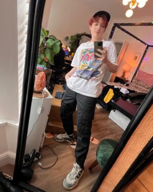 Jamie Hensley-Davies Instagram - some summer ‘fits :}
i guess core vibe is chaotic playful masc :P

(Jamie’s top tips: make running more fun by wearing a bandana and sunnies, and pretending you’re in an 80s movie training montage >:D)

#ootd #transmasc #transguy #transjoy