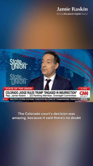 Jamie Raskin Instagram - Section III of the 14th Amendment bars insurrectionists from federal office. Colorado courts affirmed the House of Representatives and a Senate majority in finding that Trump incited the Jan. 6 insurrection. If an insurrectionist president isn’t disqualified from holding office under Section III, who is?