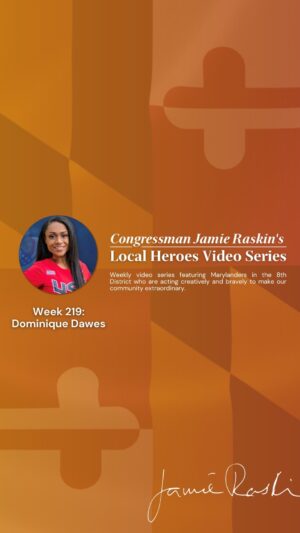 Jamie Raskin Instagram - Dominique Dawes is a world-class Olympic athlete, a great small business owner with an awesome teaching philosophy and our extraordinary MD-08 Local Hero this week. I was proud to speak with her about the sculpture being dedicated in her honor at the new aquatic facility.