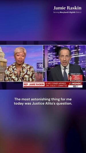Jamie Raskin Instagram - Justice Alito suggested this week that holding presidents accountable for their crimes could encourage them to commit more crimes to stay in power and avoid prosecution!

If the Court embraces this masochistic Trumpian nonsense, they should move their chambers over to the RNC HQ.
