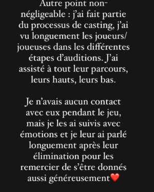 Jean-Thomas Jobin Instagram - Un caroussel de 10 photos avec juste une photo à la fin 😅. 

Si vous avez lu au complet, vous êtes résiliants haha. Merci de votre temps.

Décision déchirante mais je crois que c’est la bonne! 

ERRATUM: oups, photo 3 du caroussel je voulais écrire TEINTER et non TRAITER***

J’espère que vous allez aimer @survivor.quebec, quel beau tournage ce fut!

Immense merci aux joueurs et joueuses pour leur formidable générosité 🙏🏻

Merci à @valdalpe et @prodjinc d’avoir embarqué dans cette belle folie 🔥. On se souhaite 20 ans de Survivor!

Ça commence dimanche 20h sur @noovo.ca. 

@patricebelanger.officiel a été extraordinaire comme meneur de jeu. Présent, ultra rigoureux, à l’écoute, super professionnel et un gars d’équipe comme vous en verrez rarement! Je n’ai que des éloges pour comment il a géré ça! Vraiment admirable boulot! 🙏🏻

❤️🔥 La tribu a parlé, et Jean-Thomas aussi!