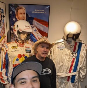Jeff Bonnett Instagram - Tucked away in the staircase at @museumofamericanspeed are the original movie prop Fire suits for Ricky Bobby and Herby the Love Bug. These should be standing proud at the entrance of the museum!! Worth the visit if y'all are ever in the area.