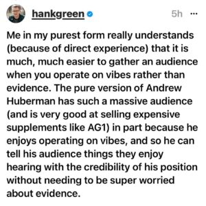 Jen Gunter Instagram - A couple of related thoughts.

The first, from the incredible insightful Carl Sagan. I used this quote at the end of my talk at the @festivalofdangerousideas

It think of this a lot when people attack me or get mad when I focus on evidence and the scientific method. Sunk cost fallacy is so human. 

The second is a very insightful comment from @hankgreen about vibes over facts. 
It seems to me that in women’s health there is a lot of this. 

 I’m sure there is an essay in there somewhere…