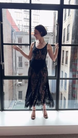 Jenny Slate Instagram - Hey hi just doing exactly what I want to do which is wearing only lace and huge underpants and dancing across a windowsill on a Saturday night

Dress: @collinastrada 
Hair: @hairjordan 
Makeup: @kirinstagram
Jewels: @catbirdnyc