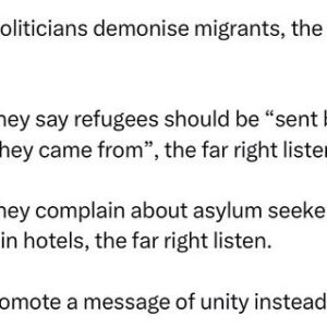 Jeremy Corbyn Instagram - When politicians demonise migrants, the far right listen. 

When they say refugees should be “sent back to where they came from”, the far right listen.

When they complain about asylum seekers staying in hotels, the far right listen. 

Let’s promote a message of unity instead.

One that tackles the issues facing us all: the housing crisis, the collapse of our NHS and the disaster of privatisation. 

One that gives hope to all communities that a fairer society is possible.

Stand up to racism. Defend refugees. Inspire belief in a better world. That is how you defeat the far right once and for all.