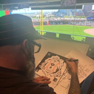 Jeremy Fish Instagram - I drew this last Wednesday during the second game of my Artist In Residence project with the @sfgiants in the Cloud Club section of @oraclepark. The Giants lost.

SF Giants Residency Drawing 2
"The VCJ Tribute"
11" x 11" / ink on paper

Wednesday May 29th San Francisco Giants vs. Philadelphia Phillies. Nick Castellanos had a two-run homer among his three hits, Cristopher Sánchez struck out seven in six scoreless innings and the MLB-leading Phillies beat the Giants 6-1 on Wednesday to snap a three-game losing streak

🎥 @jeremymcnamara_