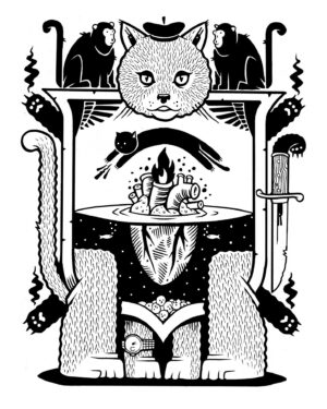 Jeremy Fish Instagram - A cat and a monkey were pets in the same house. They were great friends and got up to all sorts of mischief, especially concerning food and how to get it. 

One day they were trying to figure out how to get hold of the chestnuts roasting on the hearth. The cunning monkey convinced the cat he was the more skillful at retrieval and said, “Pull them out of the fire and I’ll divide them between us.” 

The cat worked hard at retrieving the chestnuts each time singeing her paw severely. And each time she got one out, the monkey ate it up. 

When the master of the house came in, the two ran away, the cat with a burnt paw and no chestnuts.  From then on she had little to do with the monkey. 

Moral: The flatterer seeks some benefit at your expense.

This drawing is from a project I am working on with my Mother. She writes these stories based on traditional fables, and I use her words to inspire these drawings. Screen Prints of this will be available at my upcoming show in Tokyo in April.