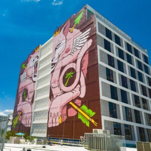 Jeremy Fish Instagram - Done!

I just completed one of the largest paintings in the world's largest mural district here in Wynwood. It took myself and two other painters roughly two weeks, and almost 70 gallons of paint to complete the project. I am very proud of the results.

"ENDANGERED"
54 feet wide x 100 feet tall (each wall)
Acrylic paint on concrete
NW 23rd st. x NW 2nd Ave. 
Miami, Florida
2023

This piece was inspired by the official state animals from where I live, and where I painted this mural. Both the California Grizzly and The Florida Panther became endangered during man's expansion in to their native turf. I thought it was a larger than life way to celebrate these majestic beasts and their struggle with humans. The property owners requested a design that created a connection between San Francisco California and Miami Florida.

I could not have done a piece at this scale without the help and experience from two rad expert type dudes. Infinite gratitude and respect to Daniel Antelo and Guillaume Ollivier for helping me to make these massive beasts come to life.

Thanks again To Jesse Feldman and Glenn Gilmore for trusting me to cover their giant Cube building with all of this paint. 

Big thanks to Harold Ruiz for taking such amazing photos and drone footage of our process on the wall.

Just goes to show that even at almost 50 years old, you can still teach an old dog (fish) new tricks. Grateful to still be experimenting, expanding and exploring the boundaries of my artwork every day. Thanks again to all of my real friends, fans, followers, collaborators and collectors for all of the support over the last few decades to help get me to where I am today.

🏢 @popefeldman 
🎨 @downtowndaniel 
🎨 @funkysquash 
📷 @hdrgraphy