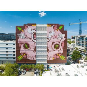 Jeremy Fish Instagram - Done!

I just completed one of the largest paintings in the world's largest mural district here in Wynwood. It took myself and two other painters roughly two weeks, and almost 70 gallons of paint to complete the project. I am very proud of the results.

"ENDANGERED"
54 feet wide x 100 feet tall (each wall)
Acrylic paint on concrete
NW 23rd st. x NW 2nd Ave. 
Miami, Florida
2023

This piece was inspired by the official state animals from where I live, and where I painted this mural. Both the California Grizzly and The Florida Panther became endangered during man's expansion in to their native turf. I thought it was a larger than life way to celebrate these majestic beasts and their struggle with humans. The property owners requested a design that created a connection between San Francisco California and Miami Florida.

I could not have done a piece at this scale without the help and experience from two rad expert type dudes. Infinite gratitude and respect to Daniel Antelo and Guillaume Ollivier for helping me to make these massive beasts come to life.

Thanks again To Jesse Feldman and Glenn Gilmore for trusting me to cover their giant Cube building with all of this paint. 

Big thanks to Harold Ruiz for taking such amazing photos and drone footage of our process on the wall.

Just goes to show that even at almost 50 years old, you can still teach an old dog (fish) new tricks. Grateful to still be experimenting, expanding and exploring the boundaries of my artwork every day. Thanks again to all of my real friends, fans, followers, collaborators and collectors for all of the support over the last few decades to help get me to where I am today.

🏢 @popefeldman 
🎨 @downtowndaniel 
🎨 @funkysquash 
📷 @hdrgraphy