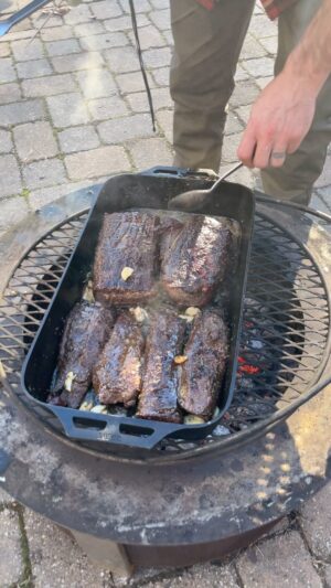 Jim Miller Instagram - Elk, venison, and black bear backstraps, smoked on the @traegergrills Tailgater and finished in a cast iron fish pan with butter, garlic, rosemary, and thyme. Don’t knock the bear. Treated right, everyone loves it. There was also enough food to feed 5 times the amount of people. #milleritus #happythanksgivng