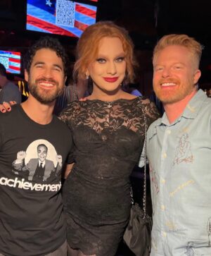 Jinkx Monsoon Instagram - Just me and two of the gentlest gentlemen a lady could have the privilege of being sandwiched between— last night’s dance party for @kamalaharris was a success. I think it was the dress 🤷🏻‍♀️