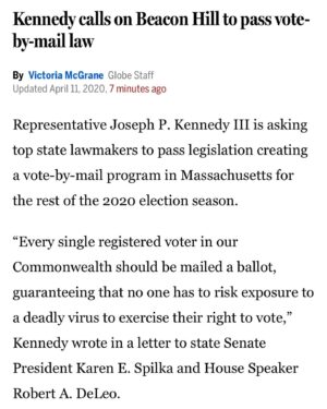 Joe Kennedy III Instagram - We need vote by mail. In Massachusetts and across the country. No one should have to choose between their health and their vote.