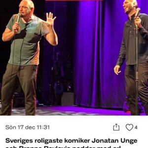 Jonatan Unge Instagram - Buda hem en unik upplevelse med en av Sveriges mest älskade komiker Jonatan Unge. På köpet får du även komikern Branne Pavlovic. Vinnaren får alltså podda i en timme med komikerna, där du själv får välja innehållet.

Vad vill du podda om? Du bestämmer innehållet i podden. Vill du prata om aktuella händelser, dina favoritämnen, ditt företag eller bara ha en rolig diskussion? Möjligheterna är oändliga! Detta är en unik möjlighet att få en personlig upplevelse med en av Sveriges mest framgångsrika komiker och Branne. 

Vinnaren kommer att få ett minne för livet.