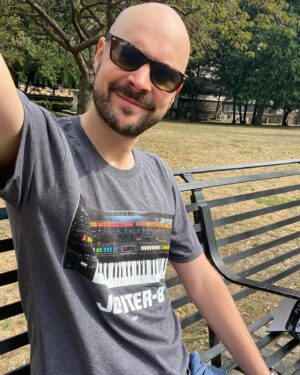Jono Grant Instagram - Thanks @darrentatemusic for gifting me the geekiest t-shirt in my wardrobe.

#Jupiter8 #Roland @roland_uk @roland_uk