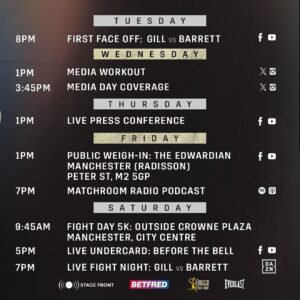 Jordan Gill Instagram - It's Manchester fight week 👊

#GillBarrett headlines with two World Title fights in support plus a packed undercard!