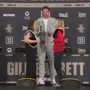 Jordan Gill Instagram - PRESSER FACE OFFS 👀 

Two days out in Manchester ⏳⌛️

#GillBarrett | @daznboxing