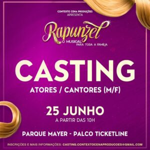 José Raposo Instagram - #Repost @contextocenaproducoes
・・・
CASTING
Atores/Cantores (M/F) para a nova grande produção da Contexto Cena Produções, “Rapunzel - O Musical para toda a Família”

DATA: 25 de Junho a partir das 10h
LOCAL: Palco Ticketline - Parque Mayer 

REQUISITOS OBRIGATÓRIOS:
- Competências de representação, canto e dança;
- Disponibilidade total / adaptável para ensaios;
- Disponibilidade total / adaptável para espetáculos até Junho 2025;
- Maiores de 18 anos. 

Os interessados devem candidatar-se para o e-mail casting.contextocenaproducoes@gmail.com
Solicitamos o envio do currículo, fotografia de rosto e corpo inteiro e o contacto telefónico.
