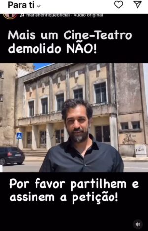 José Raposo Instagram - MAIS UM TEATRO QUE QUEREM DEITAR ABAIXO! É IMPRESSIONANTE O ÓDIO QUE OS POLÍTICOS DESTE PAÍS (salvo raras excepções!) QUE TÊM ESTADO NO PODER E NOS PODERES LOCAIS TÊM À CULTURA! Só se ouve falar em destruir teatros e construir bancos e hotéis! Esta coisa de estupidificar o povo não tinha só a ver com regimes fascistas e autoritários?
Obrigado Maria pela publicação!

#Repost @mariahenriqueoficial with @use.repost_ 
CINE-TEATRO DE OVAR EM RISCO DE DEMOLIÇÃO.
Não! Por favor partilhem e assinem a petição.
Obrigada. Pela Cultura!

https://peticaopublica.com/mobile/pview.aspx?pi=CineTeatroOvar

https://peticaopublica.com/pview.aspx?pi=CineTeatroOvar
