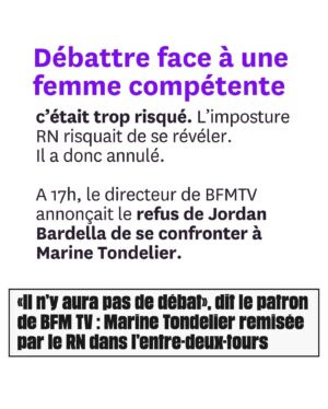 Juliette Binoche Instagram - Votre mobilisation exceptionnelle a fait reculer Jordan Bardella. Il a refusé de débattre face à @marinetondelier. A la place, @bfmtv crée un format sur mesure pour ces messieurs en ajoutant Gabriel Attal. Ce sera Bardella-Tondelier-Attal, une heure chacun-e, dans cet ordre. 
Ce qui s’est produit est honteux et montre à quel point le féminisme est un enjeu central du vote de dimanche. 
Créons une immense chaîne féministe en taggant 3 amies en commentaire pour faire barrage aux misogynes du RN dans les urnes. S’abstenir ne suffira pas. Il faut voter contre le RN, peu importe le ou la candidat·e en face.
A nos tags. A nous de jouer. A nous de gagner !